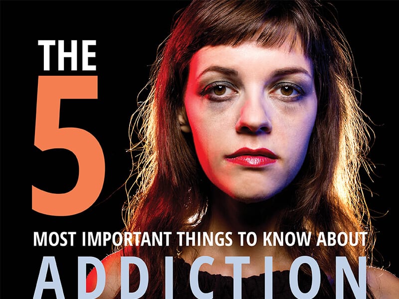 Crying woman with text that says 'The Five Most Important Things to Know About Addiction'